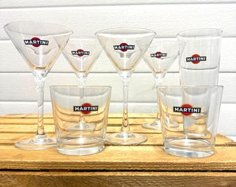Martini Glasses Set Collection, Vintage Italian Barware, Cocktail Stems and Matching Tumblers Display Bar Set