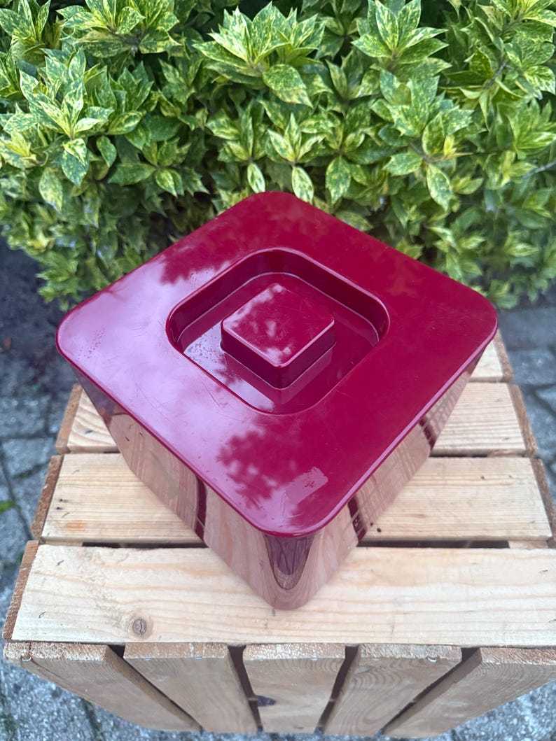 May include: A square, burgundy-colored plastic container with a recessed lid. The container sits on a wooden crate, with green foliage in the background. The container has a glossy finish.