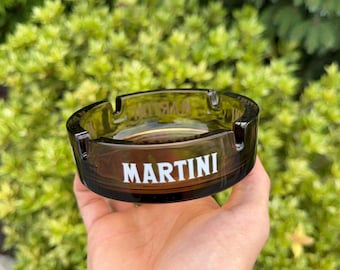 Vintage Brown Smoked Glass Ashtray, Martini Advertising Ashtray, Mid Century Modern Barware, Cocktail Lounge Glass Cigar Cigarette Tray
