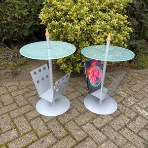 1980s Postmodern Glass Side Table, Vintage Metal, Magazine Rack, Space Age Furniture, Unique Interior Design