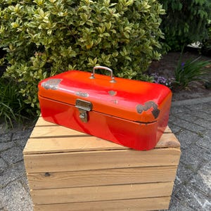 Vintage Enamel Bread Box With Patina, Bright Orange Flamed Storage Container, Farmhouse Style Decor, Mid Century Kitchenware, Interior Gift