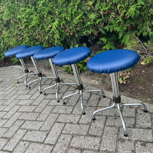 CLEARANCE SALE Vintage Low Barstools, Mid Century Interior, Blue Faux Leather, Brabantia Home Steel, Chrome Frame Chairs