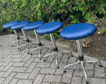 CLEARANCE SALE Vintage Low Barstools, Mid Century Interior, Blue Faux Leather, Brabantia Home Steel, Chrome Frame Chairs