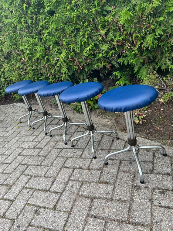 Vintage Brabantia Style Stool, Blue Faux Leather Seat, Chrome Frame