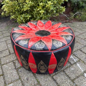 Vintage Middle Eastern Leather Pouf, Round Ottoman Stool, Handcrafted Red & Black Footstool, Aged Patina, Bohemian Home Decor