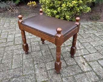 Vintage Wooden Footrest Stool, Mid Century Leather Hocker, Turned Wood Legs Ottoman, Classic Brown Upholstered Seating Decor