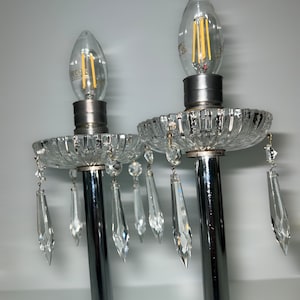 Rare Mid Century Lamp Set, 2 Glass Crystal Table Lamps, Metal and Crystal Teardrop Design, Restored and Rewired, Nightstand Table Lamps