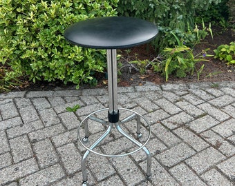 Vintage Space Age Rolling Stool from the 1970s, Chrome Frame with Leather Seat, Retro Industrial Chair for Studio, Workshop or Home Office