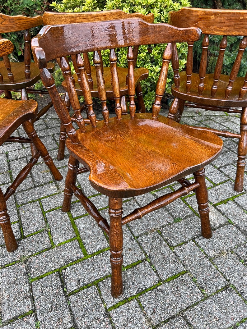 1 of 5 Farmhouse Style Chairs, Kitchen Dining Room Chair, Windsor Captains Seat Design, Wooden Lacquered Details image 7