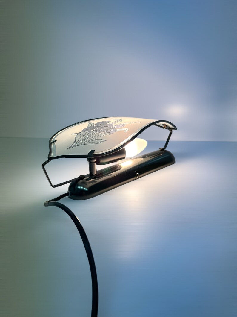 Może przedstawiać: Czarna metalowa lampa ścienna z białym szklanym kloszem ozdobionym wzorem kwiatowym. Lampa ma jedną żar&oacute;wkę i czarny przew&oacute;d.