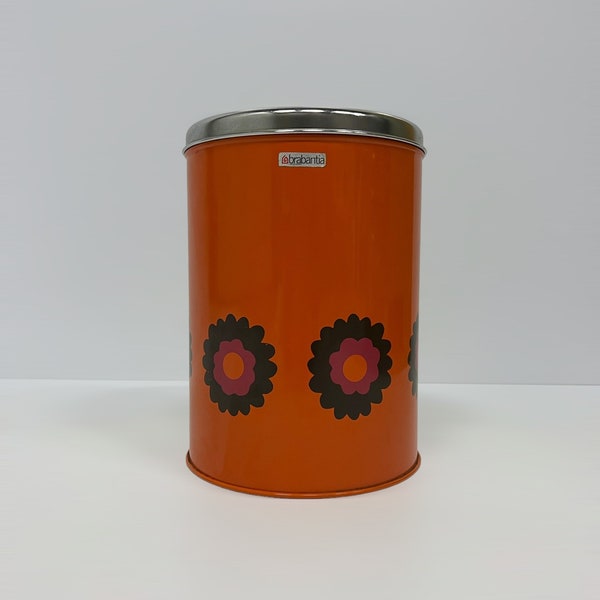 Big Vintage Storage Can, Brabantia Storage Tin, Seventies Orange Flower Power, Metal Spices Barrel with Lid, Kitchen Waste Bin