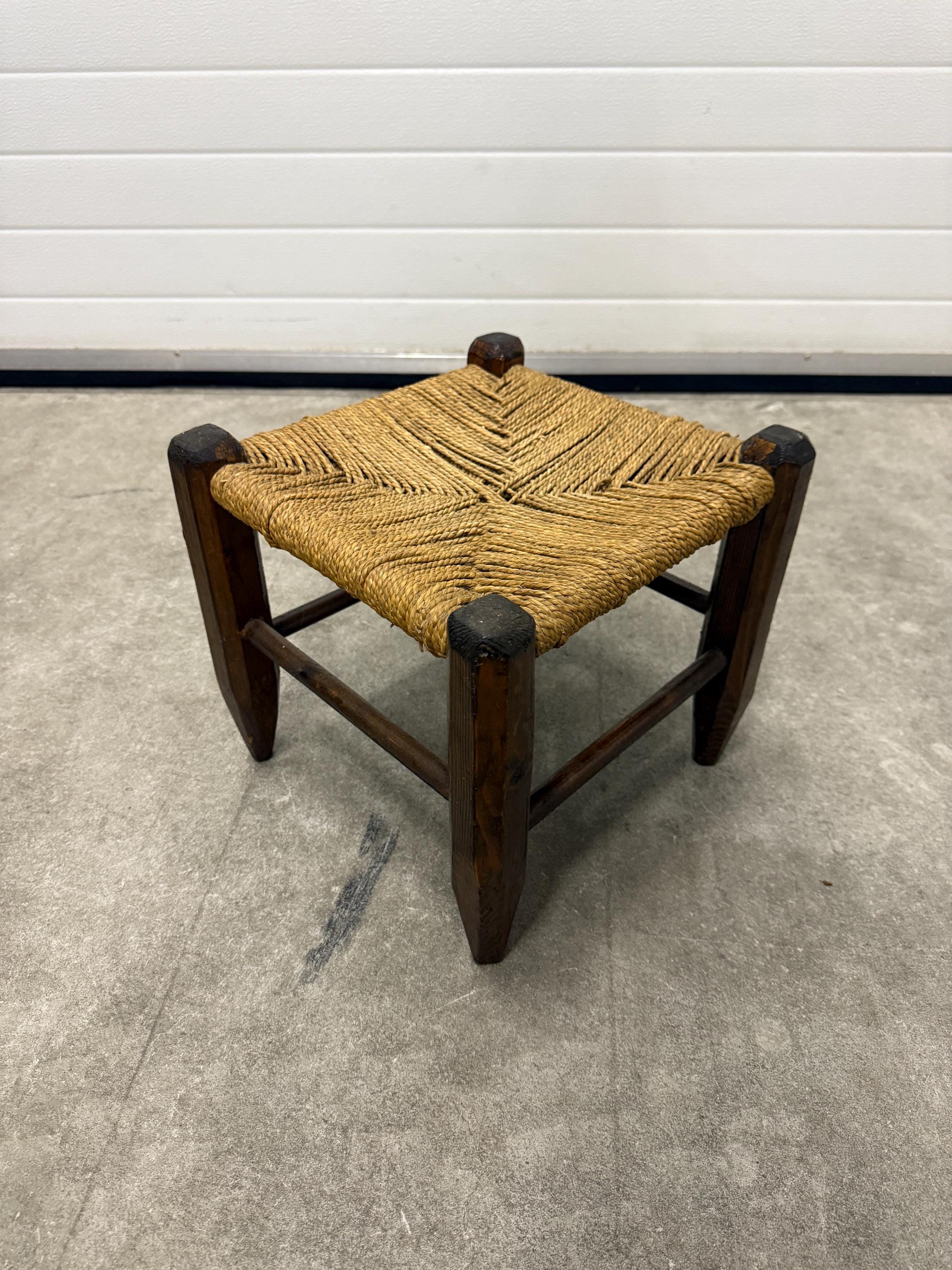 Vintage Wooden Stool, Woven Rush Seat, Rustic Farmhouse Stool