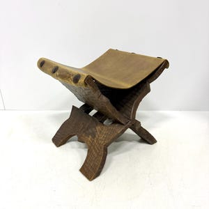 Vintage 1950s Brutalist Foldable Stool, Small Leather Seat, Rustic Mid-Century Chair, Unique Folding Design, Antique Furniture