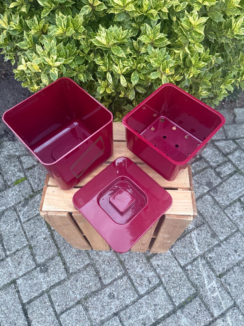May include: Three burgundy-colored square planters and a matching square saucer. The planters are empty and sit on a wooden crate, with a backdrop of green and yellow foliage. The planters are made of a durable plastic material.