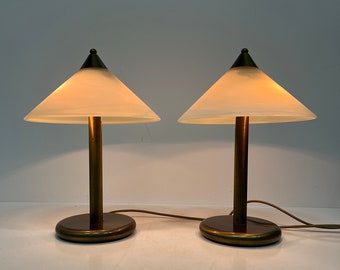 1 of 2 Vintage Table Lamps, Postmodern Design, Satin Glass Shade, Massive Belgium made in Italy, Gold Colored