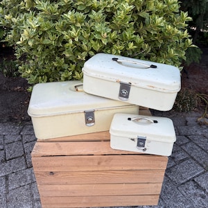 May include: Three vintage off-white metal toolboxes of varying sizes, stacked on a wooden crate. Each toolbox has a handle and a metal clasp. The background features green and white foliage.