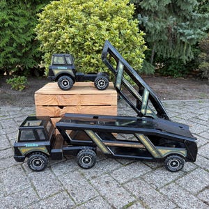 Vintage Tonka Car Carrier, Black & Gold Metal Toy Truck, 1980s