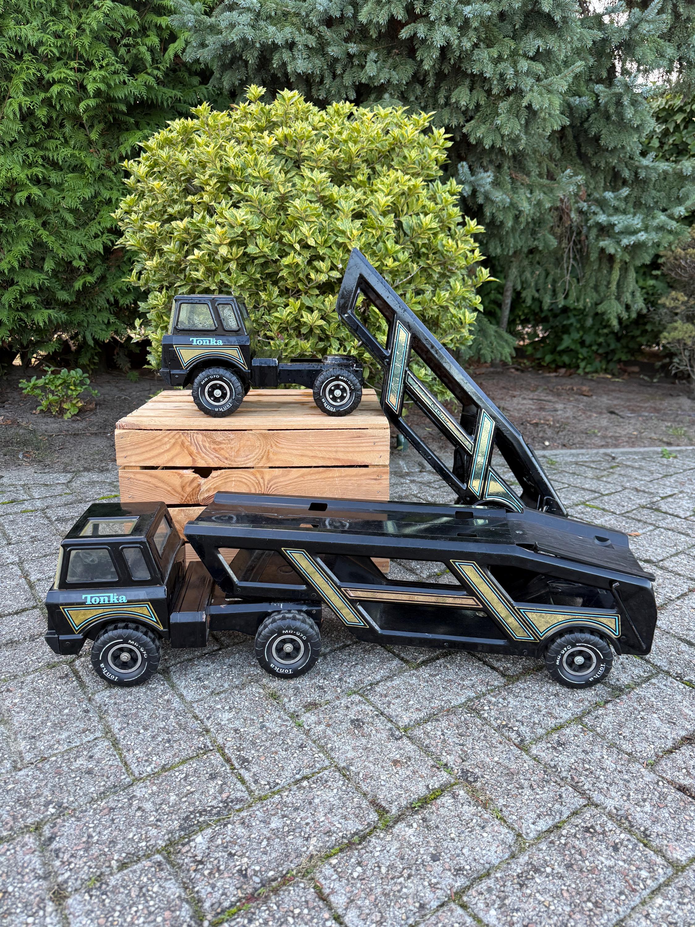 Vintage Tonka Car Carrier Truck and Trailer, Black Pressed Metal