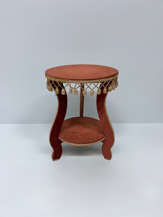 Mid Century Furniture Plant Table, Vintage Red Velvet Upholstered, Gold Fringes Details, Lamp Table, Holidays Interior Gifts