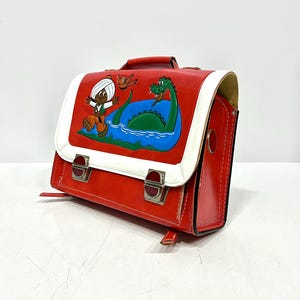 Unique Vintage Kids Backpack, Red School Bag, Traffic Safety Reflectors, Dragon and Bird themed, Mid Century Apparel, Childrens Gift Idea