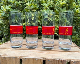 Johnnie Walker Long Drink Glasses Set Of Four, Red Label Logo, Clear Barware, Vintage Whisky Promotion