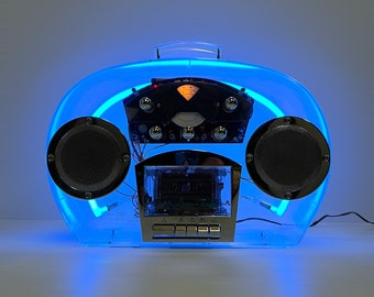 Vintage Dapy Paris Neon Radio, Translucent Portable Boombox, Cassette Deck NOT Tested, Blue Neon Tube, 1980s Postmodern Interior