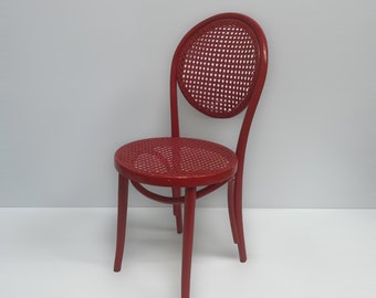 Vintage Thonet Style Bistro Chair, Red Painted, Old Bentwood Design, Webbing Seat Cafe Chair