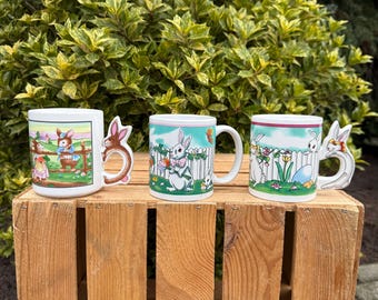 Vintage Easter Bunny Mugs, Ceramic Rabbit Handle Cups, Spring Illustration Set, Collectible Holiday Kitchenware