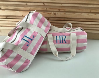 Personalised Stripy Duffle Bag, Custom Embroidery, Weekend Bag, Gym Bag, PINK