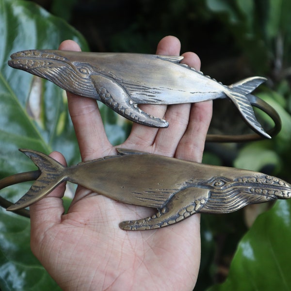 Antique Brass Whale Curtain Tiebacks - Set of 2, Nautical Decor