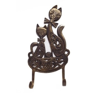 Vintage Brass Couple Cat Hooks - Antique Brass Animal Hook for Cloth keys hat towl