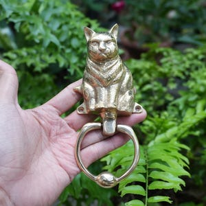 May include: A brass cat-shaped door knocker. The cat is seated with detailed fur texture. The knocker has a ring pull below the cat and is mounted on a rectangular plate with screw holes. The background is lush green foliage.