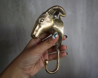 Vintage Goat Brass Hook - Antique Brass Hook for Keys Hat Coat - Animal Wall hanging
