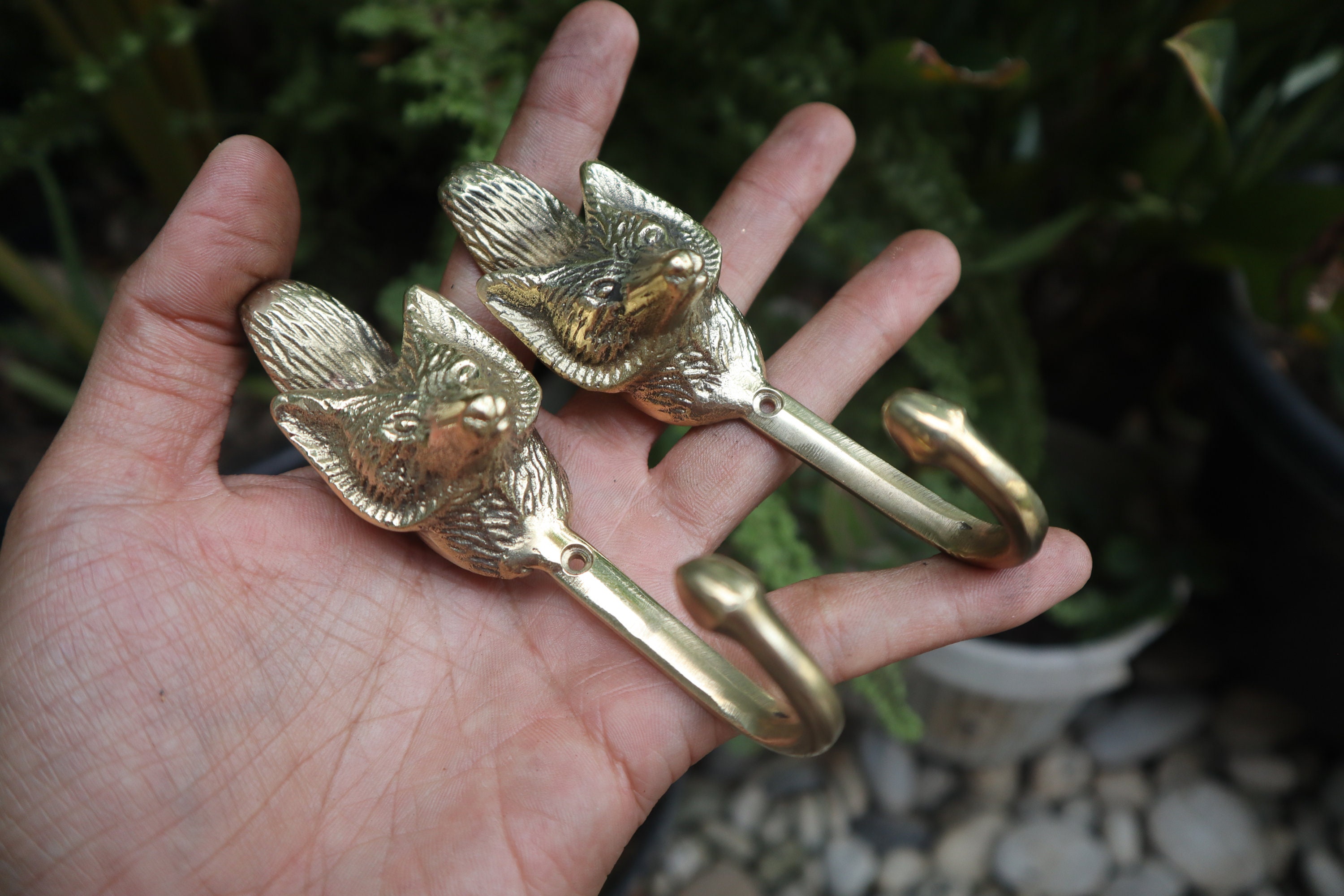 2 pieces Vintage Solid Brass Fox Head hook Hanger  - Antique Animal Hooks for Cloth Hat Coat Strong Wall Mount