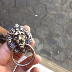 May include: A silver lion head door knocker with a ring pull. The lion's mane is detailed and the ring is smooth.