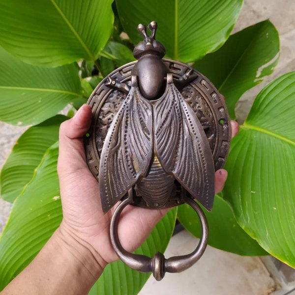 Antieke massief messing vliegendeurklopper, unieke deurbel