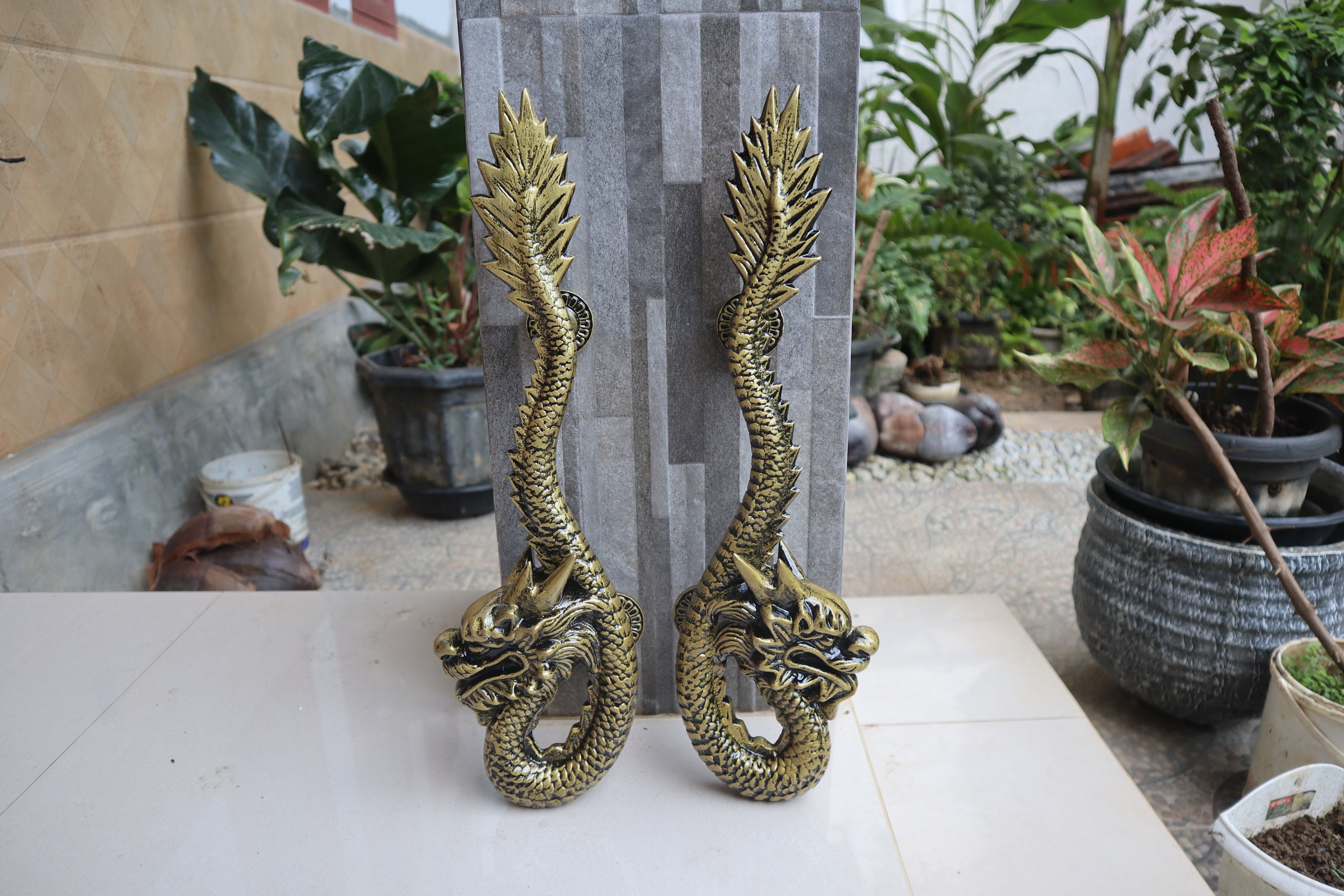 2 pcs / pair - 18" Vintage Dragon Handle - Solid Brass Antique Door Handle pull knob For Main Door Entry way