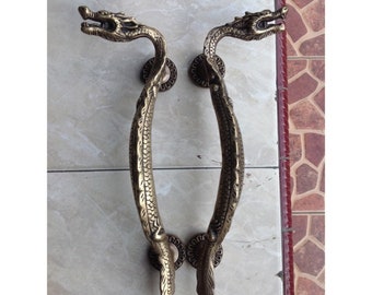 Pair / 2 pcs - 15" Vintage Solid Brass Slim Dragon Door Handle Knob Pull - OLD Antique Ethnic Dragon Style Door Knob  pulls