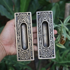 2 pieces - Pair of Vintage Solid brass Carved Flat Sliding Door Handle -  Recessed pull Cabinet Handle Home Decor