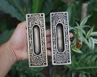 2 pieces - Pair of Vintage Solid brass Carved Flat Sliding Door Handle -  Recessed pull Cabinet Handle Home Decor