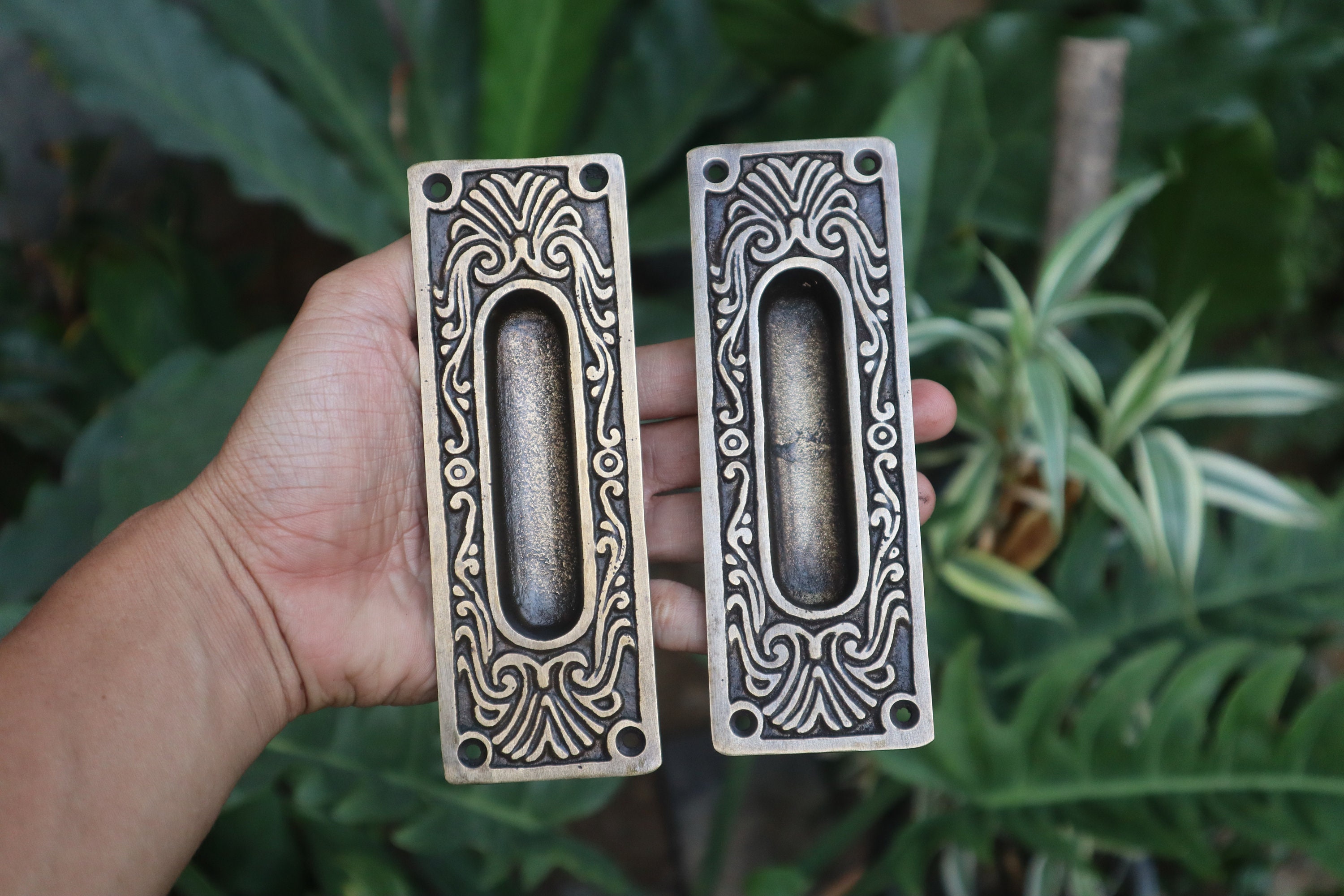 Vintage Carved Solid Brass Sliding Door Handle Pair - 15cm - Etsy