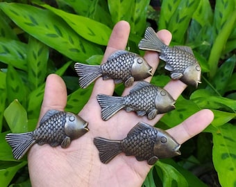 5 Antique Solid Brass Fish Drawer Pulls - Vintage Cabinet Knobs