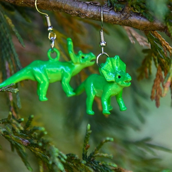 Green Triceratops Dino Earrings, Jurassic Handmade Triceratops Earrings, Cute dinosaur earrings, Triceratops jewelry,Dino lover gift