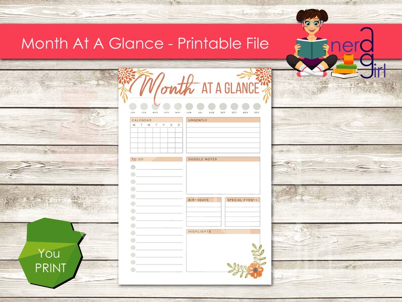 Month at A Glance Printable File, Instant Download, Productivity