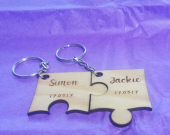 Personalised Pair of Jigsaw Keyrings - Laser Engraved Gift - Perfect Weddings, Valentines and Anniversary Gift