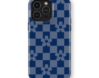 Telefoonhoesje BLAUWE BLOOSOM CHECKERS | iPhone 16/15/14/13/12 Pro Max MagSafe | Galaxy S25/S24/S23/S22 Ultra | Pixel 6/7/8/9 ProXL | Slank, stoer
