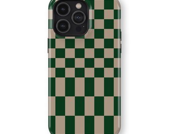 BEIGE GREEN Checkers Phone Case | iPhone 16/15/14/13/12 Pro Max MagSafe | Galaxy S25/S24/S23/S22 Ultra | Pixel 6/7/8/9 Pro XL | Slim Tough
