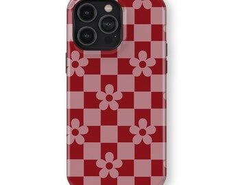 Red Blossom Checkers Phone Case: Floral Plaid Design