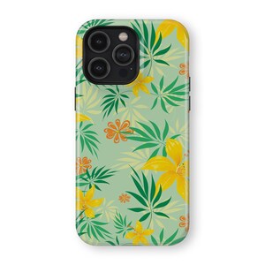 May include: A green phone case with a tropical floral pattern featuring yellow flowers and green leaves.