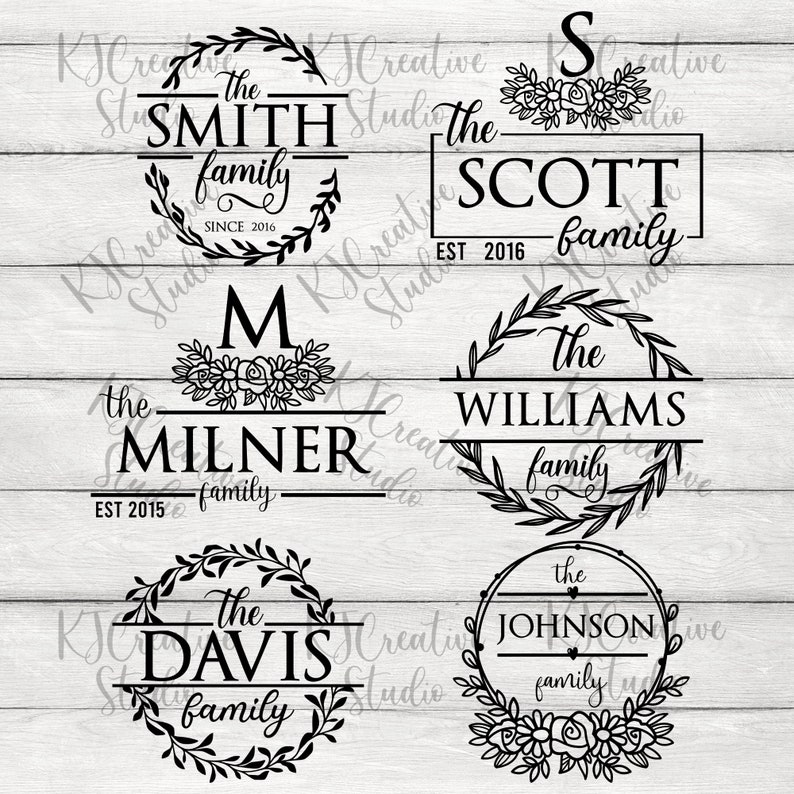 May include: Four black and white family name signs with floral wreaths. The signs read "The Smith Family Since 2016", "The Scott Family Est 2016", "The Williams Family", and "The Davis Family".